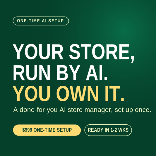 Promotional graphic for a one-time AI setup service, featuring the text 'YOUR STORE, RUN BY AI. YOU OWN IT.